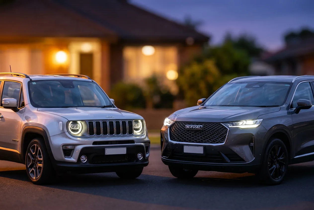 Dois SUVs novos estacionados lado a lado em frente a uma casa, ao entardecer.